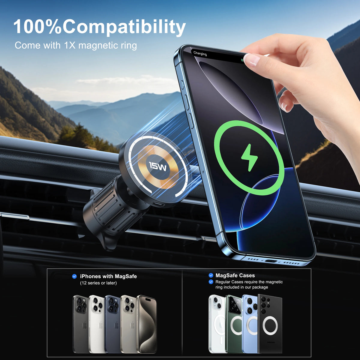 Magnetic Car Phone Mount in Car Phone Holder Air Vent Magnetic, 6 N52 Magnets Universal Mobile Phone Holders for iPhone 15